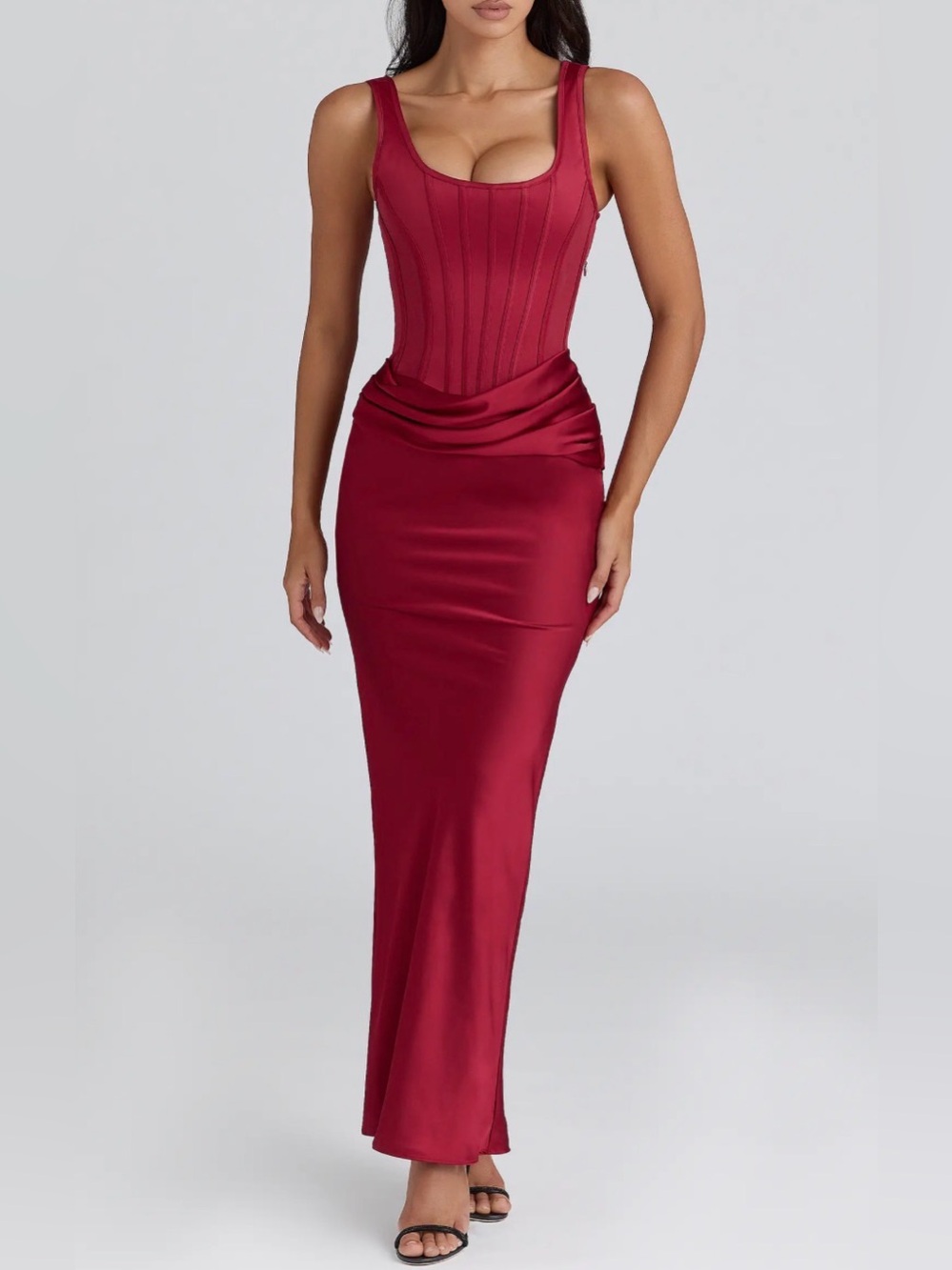 House of CB “Kira” Satin Burgundy Corset Maxi Dress Medium